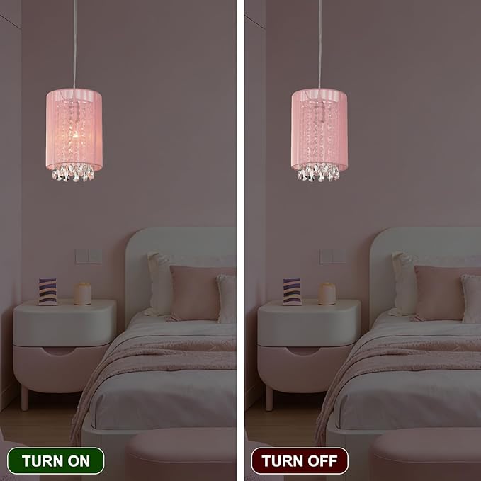 LaLuLa Hanging Lamp Plug in,Pink Cotton Hanging Lights with Plug in Cord, Crystals Pendant Light,1-Light Hanging Lamps for Living Room Plug in,Bedrooms, Girls Room,Vanity,Playhouse,Closet