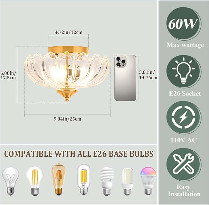 Ceiling Light, Vintage Light Fixtures Transparent Glass Shade 9.8 Inch Semi Flush Mount Ceiling Light Hallway Vintage Lights Fixture Ceiling for Living Room, Bedroom, Dining Room