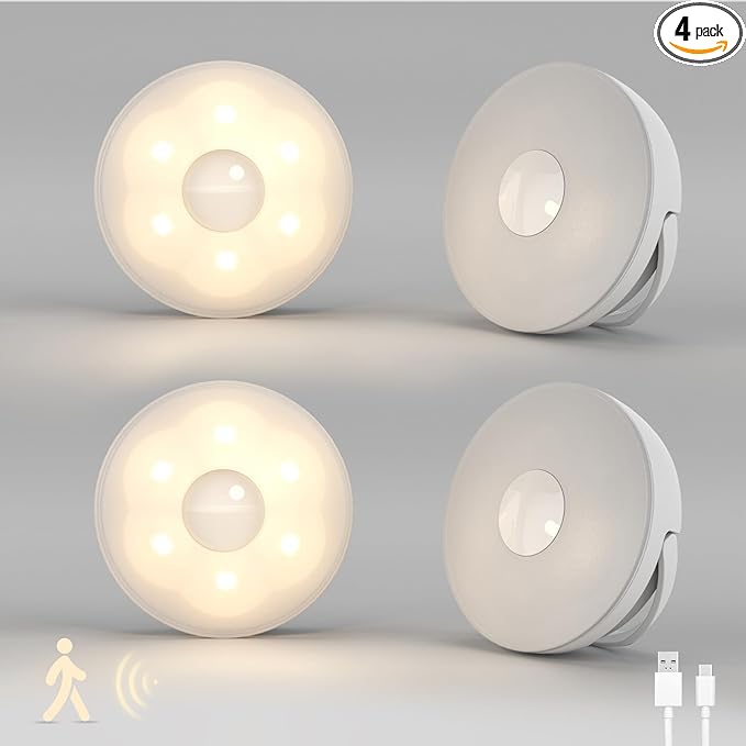 Dawnrise Motion Sensor Night Light Rechargeable (4 Pack), Battery Operated Night Lights with Soft Warm White, Portable Night Light for Bedroom, Stairs, Hallway, Bathroom, Pets House, Cabinet‌,Closet‌