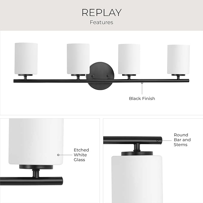 Replay Collection 4-Light Etched Glass Modern Bath Vanity Light Textured Black