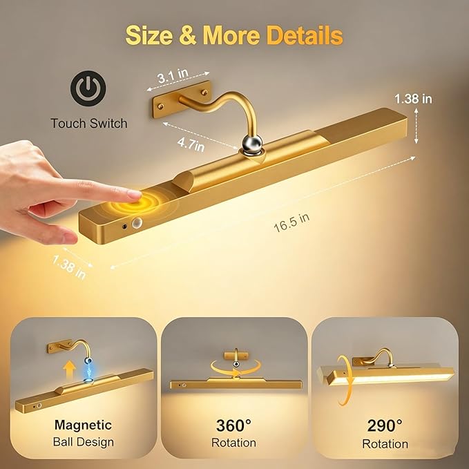 TANBABY 16'' Wireless Picture Lights for Wall, 6000mAh Rechargeable Battery Operated Light with Motion Sensor, 3CCT Dimmable, Timer, Magnetic Poster Lights with Remote for Gallery, Living Room-1Pack
