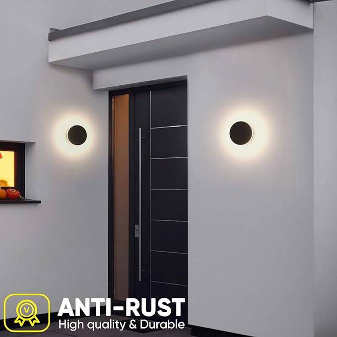 2 Packs LED Wall Light Outdoor Indoor Modern Wall Sconce Mini Sconce Outdoor Wall Lights Aluminum Waterproof Black Wall Mount Light LED Wall Sconces Warm White 3000K (Round)
