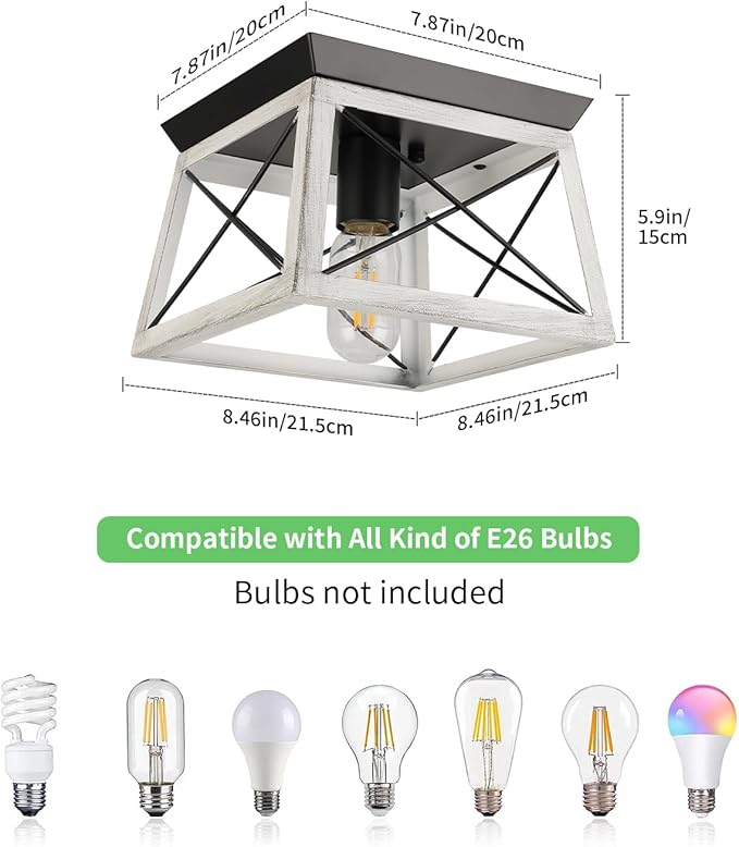 Farmhouse Ceiling Light Fixtures Oak White Flush Mount Ceiling Light 1-Light Industrial Kitchen Ceiling Lights, Rustic Flush Mount Ceiling Light for Hallway Entryway Foyer Dining Room Bedroom