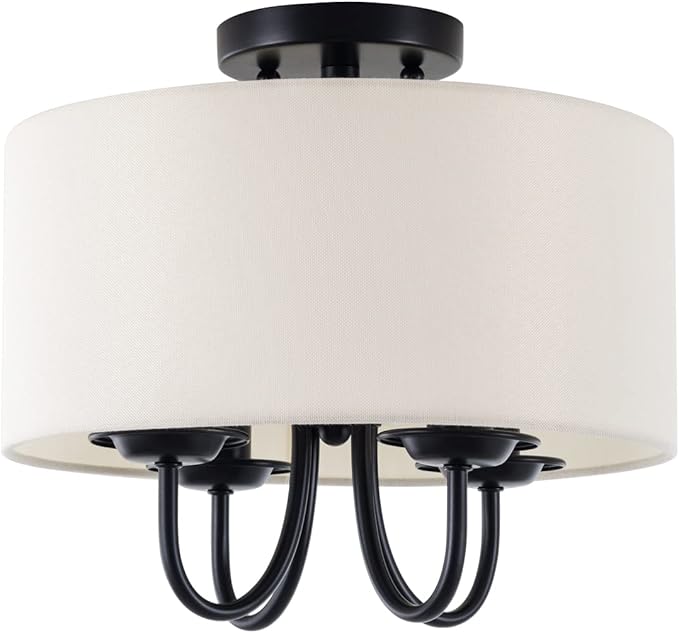 VILUXY Semi-Flush Mount Ceiling Light Fixture Off-White Fabric Drum Shade Modern Chandelier Black Finish for Bedroom, Dining Room, Corridor, Living Room 4-Light