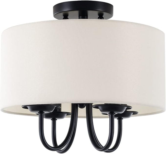 VILUXY Semi-Flush Mount Ceiling Light Fixture Off-White Fabric Drum Shade Modern Chandelier Black Finish for Bedroom, Dining Room, Corridor, Living Room 4-Light