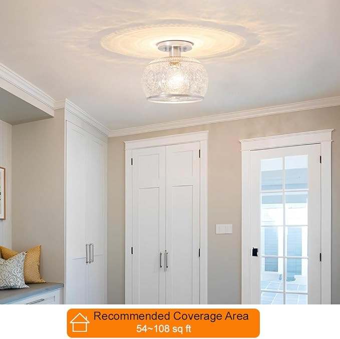 Brushed Nickel Semi Flush Mount Ceiling Light, Vintage Hallway Ceiling Light Fixture with Globe Glass, Small Overhead Light Fixtures Ceiling Mount for Kitchen, Bathroom, Small Bedroom