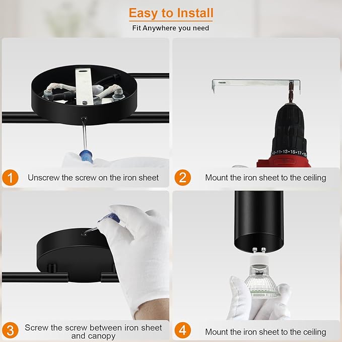Plug in Track Lighting LED, Track Lighting Fixtures Ceiling, Black 4-Light Kitchen Light Kit, Plug in Wall Light with 14.8ft Power Cord, Rotatable Ceiling Spotlight for Bedroom(GU10 Socket, NO Bulb)