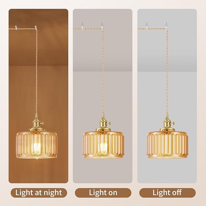 Plug in Pendant Light, Hanging Lights with Plug in Cord, Hanging Light Fixture with Clear Glass, E26 Pendant Lighting for Kitchen Island, Bedroom, Dining Room- Amber Color