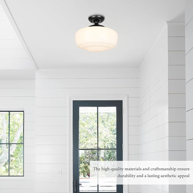 Large Schoolhouse Style Semi Flush Mount Ceiling Light Fixture, 14" Modern Hallway Ceiling Lamp with Opal Milk Glass Shade, Farmhouse Globe Light for Bedroom Kitchen Hallway Entryway Laundry