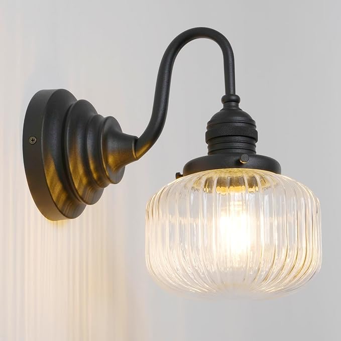 Vintage Wall Sconce Light, Black Bathroom Vanity Light with Hand-Blowing Clear Glass Farmhouse Hardwire Wall Mounted Lamp for Bathroom Mirror Living Room Bedroom Kitchen E26 Indoor