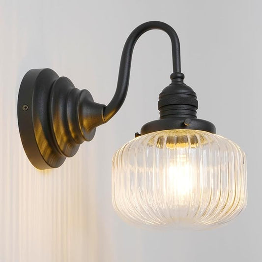 Vintage Wall Sconce Light, Black Bathroom Vanity Light with Hand-Blowing Clear Glass Farmhouse Hardwire Wall Mounted Lamp for Bathroom Mirror Living Room Bedroom Kitchen E26 Indoor