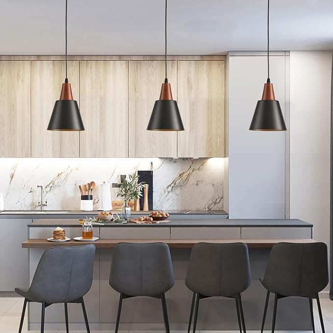 2 Pack Pendant Lights, Black Pendant Lights Kitchen Island,Wood Dome Minimalist Industrial Ceiling Hanging Lights for Kitchen Island, Barn, Dining Room, Living Roo m, Bedroom
