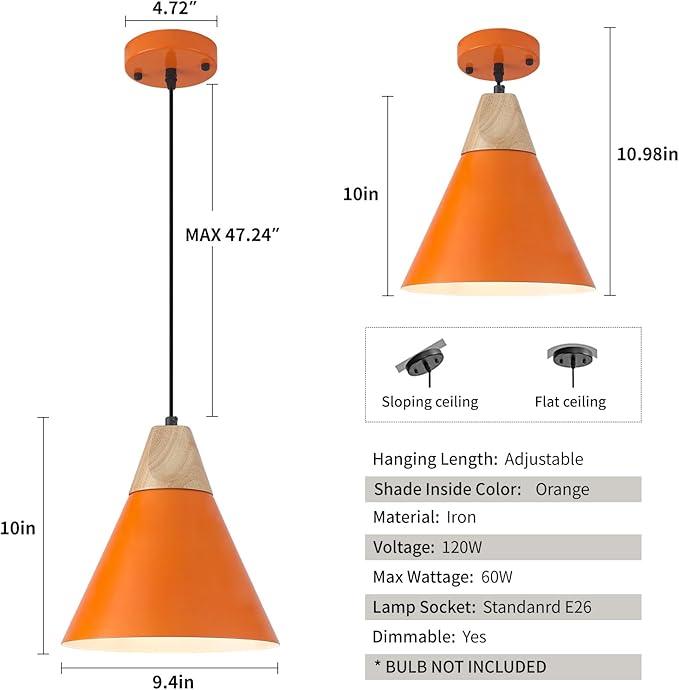 Kitchen Pendant Lights,11.8inches 2 Packs Orange Pendant Light, Farmhouse Pendant Light, Pendant Lights Kitchen Island for Living Room, Bedroom, Dinning Room