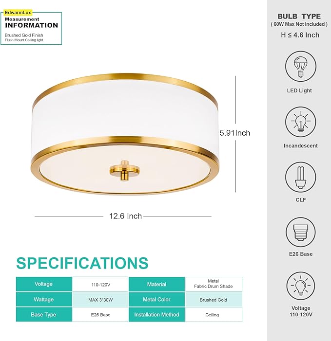 3-Light Flush Mount Ceiling Light Fixture, 12.6" Drum Light with White Fabric Shade, Modern Close to Ceiling Light for Living Room Bedroom Dining Room Kitchen Hallway Entry (Brushed Gold)