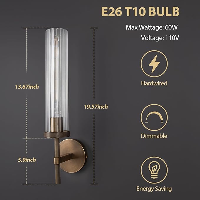 19.5" Knurled Brass Wall Sconces Set of 2, Bronze Bathroom Vanity Light Fixtures with Vertical Striped Glass Tube, Modern Lamp Lighting for Bedroom, Living Room, Hallway, Staircase, Mirror, Kitchen