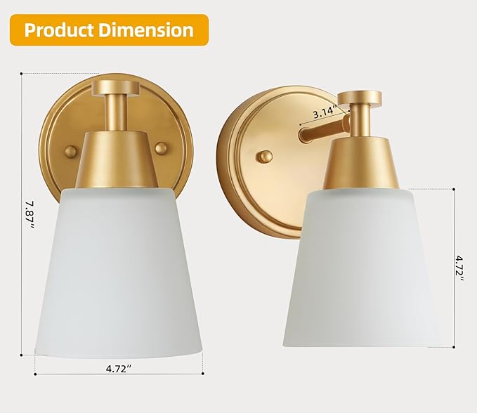 Wall Light Fixtures, 2-Pack Brushed Gold Vanity Lights with Milk Glass Shade, Modern Farmhouse Wall Sconces for Gallery, Mirror, Bedroom, and Bathroom,1 Light