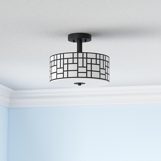 Semi Flush Mount Ceiling Light Black Rectangle Pattern LED Light Fixture with Drum Shade Indoor Use Living Dining Room Kitchen Modern Chandelier Lamps Brushed Chrome Finish E26 Bulb Base