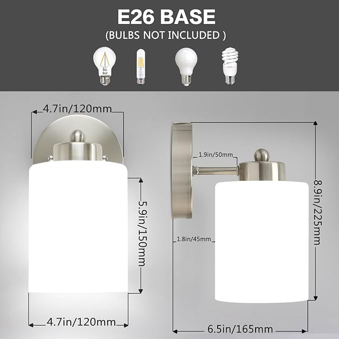 Frosted Wall Sconce Set of Two,Brushed Nickel Bathroom Vanity Lights,Modern Vanity Light,Farmhouse Wall Light Fixtures for Bathroom,Livingroom,Hallway
