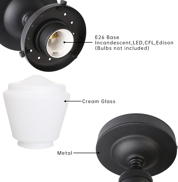 Industrial Semi Flush Mount Ceiling Light with Milk White Glass Pendant Lamp Shade, Vintage Close to Ceiling Light Fixture for Porch, Hallway, Entryway, Kitchen, Bedroom, Hotel