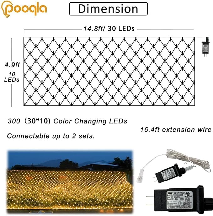 Warm White Net Lights Outdoor, 300 LED Christmas Net Mesh Lights for Bushes 15x5ft, 8 Modes Waterproof Twinkle String Light Connectable Plug in for Christmas Hedge Yard Garden Party Decor