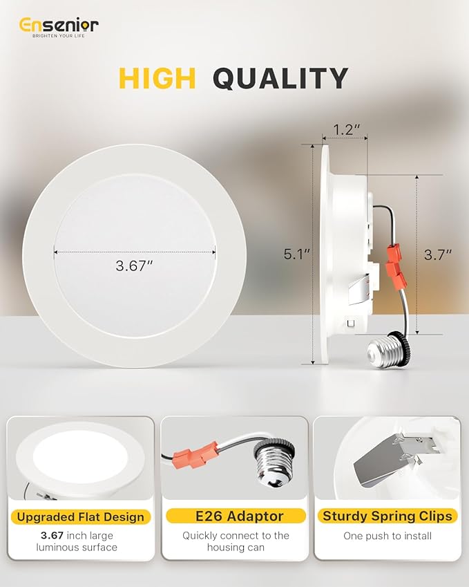 Ensenior 4 Inch LED Recessed Lighting 24 Pack, Dimmable Flat LED Can Lights, 5CCT Adjustable Color Temperature (2700K-5000K), 7W=77W 700LM, IC & Damp Rated, ETL&FCC Certified