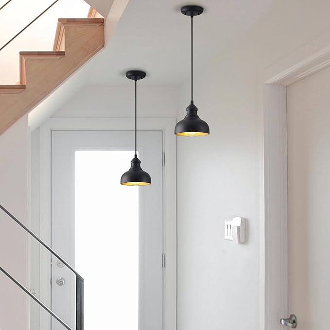 7in Dome Outdoor Pendant Barn Light Black and Brass Kitchen Island Hanging Light Fixture Exterior Small Porch Pendant Lamp Farmhouse Bedroom Hanging Lamp for Bathroom Shop Cafe, Ajustable