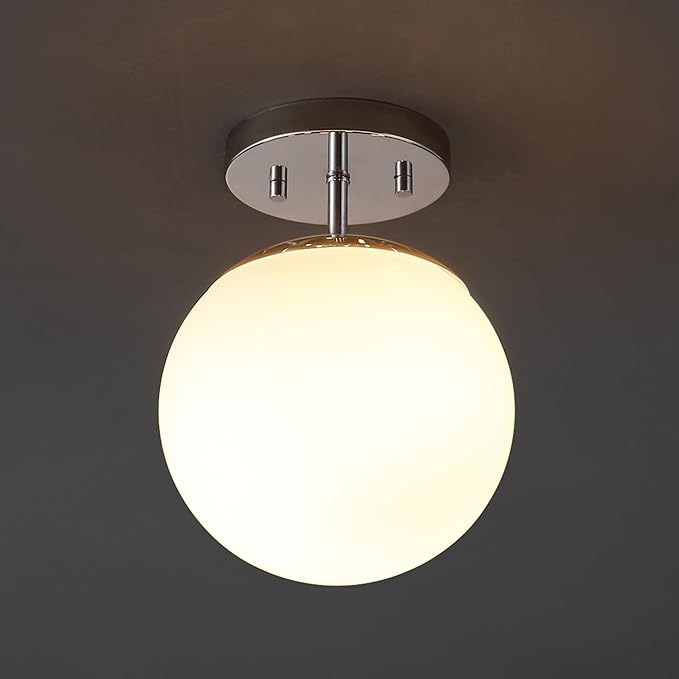 JONATHAN Y 7.75" Chrome/White Modern Semi Flush Mount Ceiling Light, LED Fixture for Entryway, White Frosted Glass Globe Shade, Mid-Century Farmhouse Lighting for Bedroom Hallway (JYL7499D)