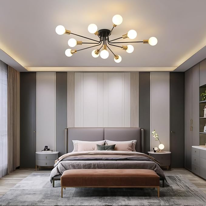 11-Lights Black and Gold Large Sputnik Ceiling Light Fixture,Modern Metal Semi Flush Mount Chandelier for Living Room Bedroom Office Dining Room Kitchen