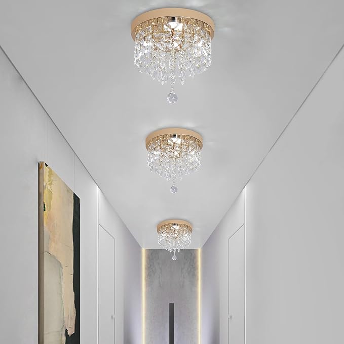Deckrico Gold Crystal Chandelier Flush Mount Ceiling Light – Modern LED Lighting Fixture for Bedroom, Closet, Bathroom, Hallway – White Light