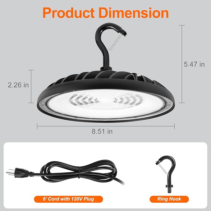 SYLVANIA UFO LED High Bay Light, 100W, 11,000 LMS, 5000K, Daylight, 120V with 6 Foot Cord/Plug, High Bay Led Shop Lights for Commercial Warehouse Workshop Factory Barn Garage, UL Listed-1 Pack (66331)