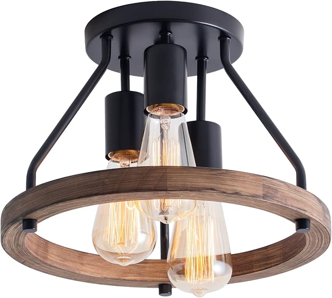 VILUXY Industrial Flush Mount Ceiling Light Fixture with Retro Wood Circle Shade for Hallway, Entryway, Bedroom, Balcony Passway 3-Light