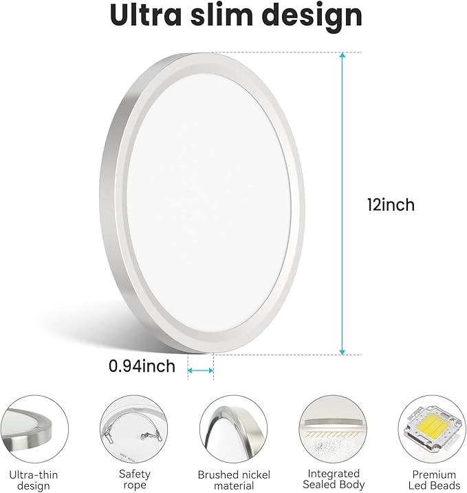 libtit 12 inch Flush Mount LED Ceiling Light Fixture, 3000K 4000K 6500K Adjustable, 28W 3200lm Brushed Nickel Satin Round Lighting Fixtures for Bathroom Shower Hallway Kitchen