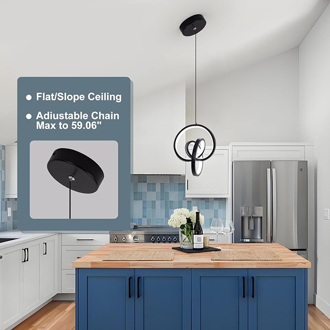 3000-6000K Modern LED Pendant Light,Black Dimmable Pendant Light for Kitchen Island, Adjustable Hanging Lamp for Dining Room Bar Bathroom, 1 Pack