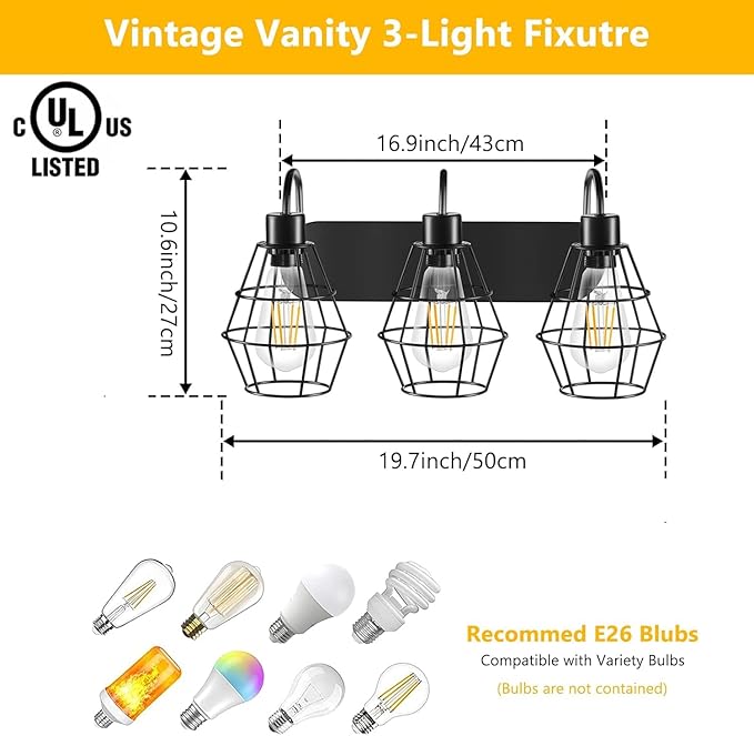 Retro Style Industrial Bathroom Vanity Light 3 Lights, Vintage Matte Black Wall Sconce with Caged, E26 Base Farmhouse Wall Light Fixture for Bathroom Vanity