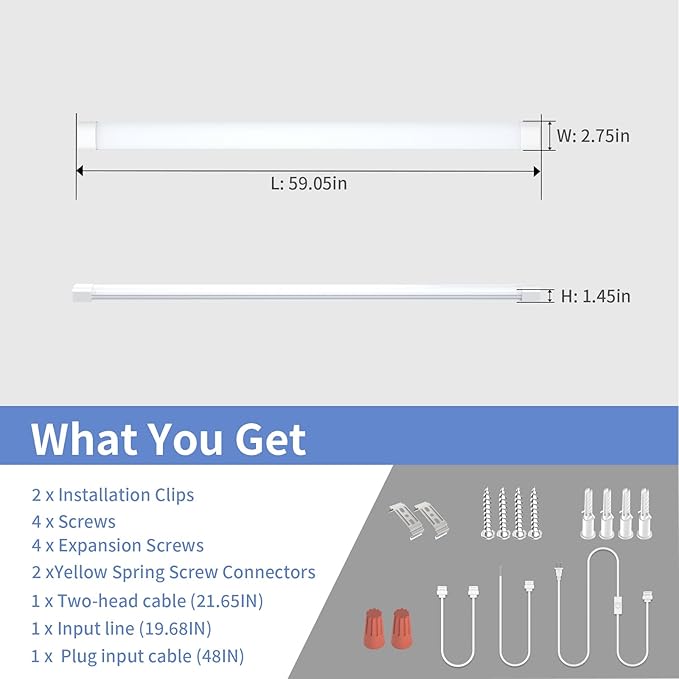 Airand LED Ceiling Light Fixture with Plug, 5FT Triproof LED Tube Lights 45W Linkable Closet Light for Workbench Kitchen Basement Garage Corridor Bathroom Office Overhead Lighting with Plug in Cord