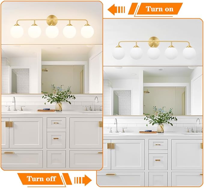 Modern Brushed Brass 5-Lights Bathroom Vanity Light, Lighting Fixtures Over Mirror with Milky White Glass Ball Shades, Wall Sconces for Bathroom Dressing Table Bedroom