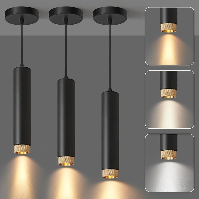 OKELI Modern Black LED Pendant Light for Kitchen Island, 3 Pack – Dimmable Zoomable Pendant, Adjustable Beam Angle, 3 Color Temps 2700K/4000K/6000K, Mini Hanging Light for Bar or Bedroom, 12W 11.8"