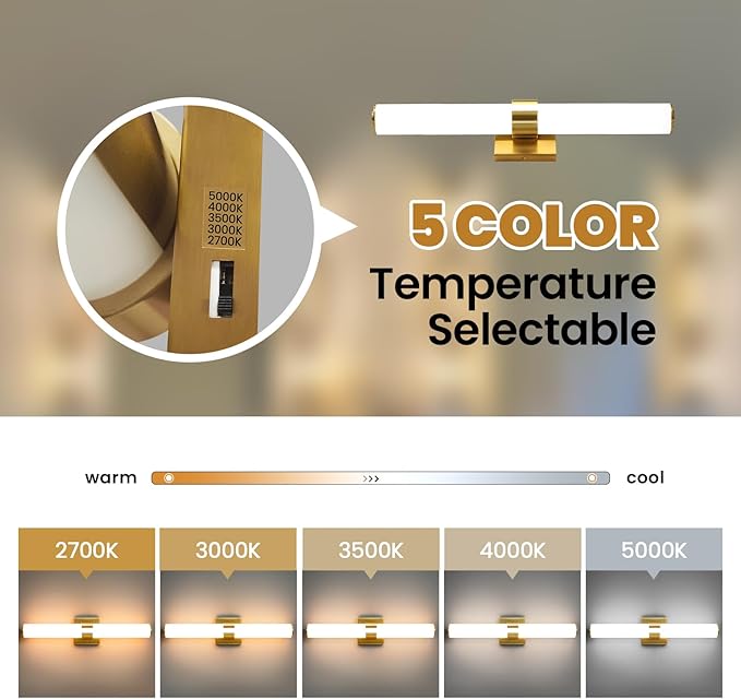 AIJIASI Bathroom Vanity Light Fixtures Over Mirror - 22.8 Inch Gold Bathroom Light Fixtures with Acrylic Shade 18W Dimmable 5CCT LED Vanity Light Modern Bathroom Sconces
