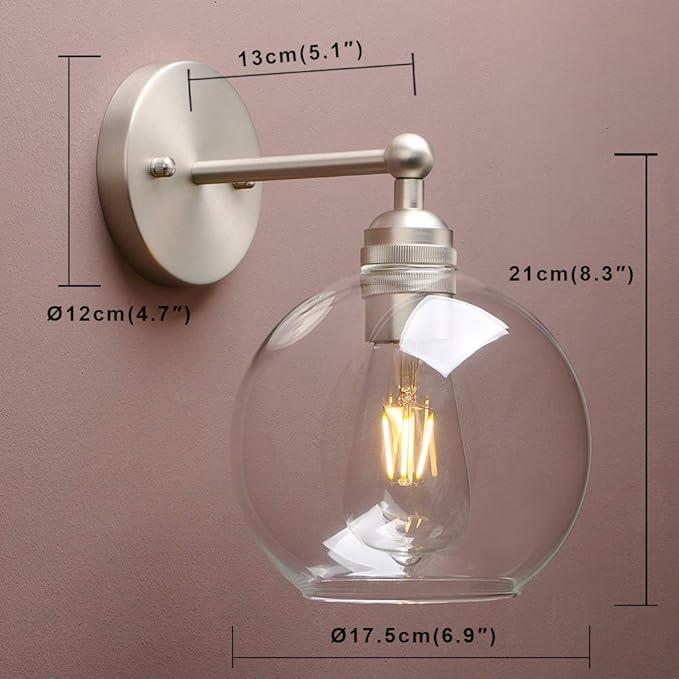 Yosoan Brass Boho Vanity Bathroom Wall Sconce, 1-Light Indoor Hardwired Wall Mounted Vintage Industrial Fixture Lights with Double Hole Round Glass Lamp for Mirror, Living Room, Hallway(Brushed)