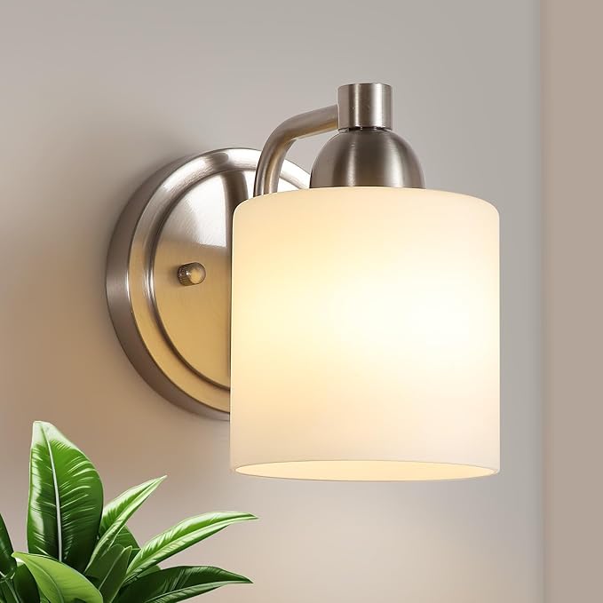 Mecgirn Brushed Nickel Milk Glass Wall Sconces, 1 Pack Hardwired Indoor Wall Light Fixtures for Living Room, Hallway, Bedroom, Ceramic E26 Sockets (Bulbs Not Included)