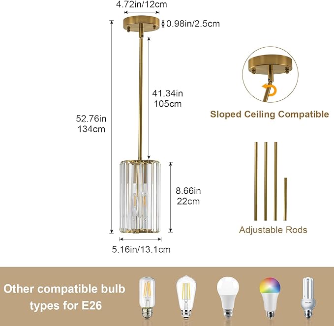 Gold Modern Crystal Pendant Lights Hanging Light Fixture, 2 Pack Pendant Lights Kitchen Island Adjustable Mini Pendant Lighting Fixtures for Kitchen Island Dining Room Hallway Bedroom