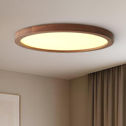 Ultra-Thin LED Ceiling Light Fixture 24.4", Handcrafted Walnut Wood Modern Wabi-Sabi Style, Slim 2.5cm Profile, 37W LED 3000K-4000K-6000K, Round Minimalist Lamp for Bedroom Kitchen Hallway