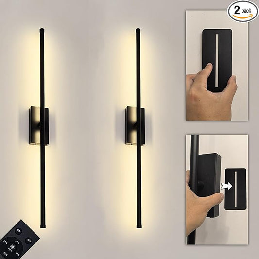 Easy Install Peel and Stick on Battery Operated Wall Sconces Set of 2 Rechargeable, Magnetic Linear Wall Sconce Wireless Long Picture Vanity Wall Light for Living Room Bedroom (2 Pack, 28.3'', Black)