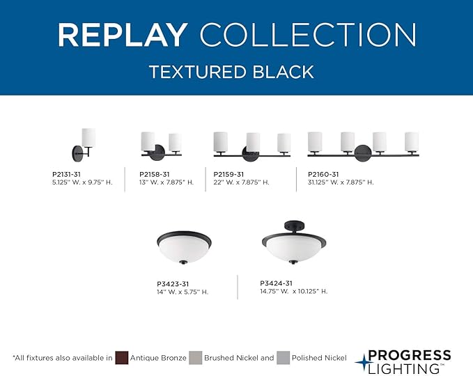 Progress Lighting Replay Collection 1 Light Bathroom Vanity Light, Modern Bath Lighting Fixture with Etched White Glass Shades for Over The Mirror, Reversible Mounting, Textured Black