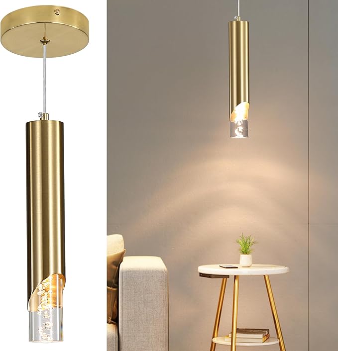 Modern Gold Pendant Light Fixture, Acrylic Bubble Cylinder Hanging Lights, 3 Color 2700K/4500K/6500K, Minimalist Ceiling Chandelier Lighting for Dining Room, Bedroom, Hallway, Bar, Kitchen Island
