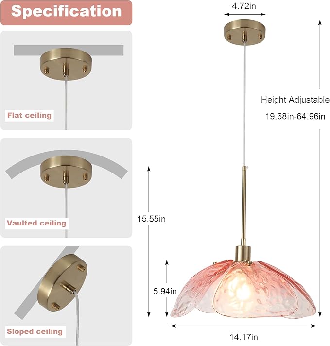 Pink Glass Pendant Lights Kitchen Island, 14'' Vintage Hanging Light Fixtures with Hammered Glass Flower Shade, Brass Pendant Ceiling Light for Kitchen Sink Hallway Bedroom
