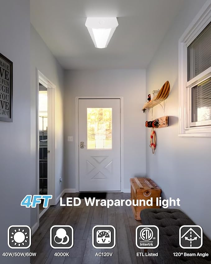 HYPERLITE 4ft LED Wraparound Light 60W,6600LM 4' LED Shop Lights Fixture with 3 Wattages for Garage,4000K Neutral White Wrap Light AC120V, 48inch Led Light Fixtures for for Garage, Office, Kitchen,2P