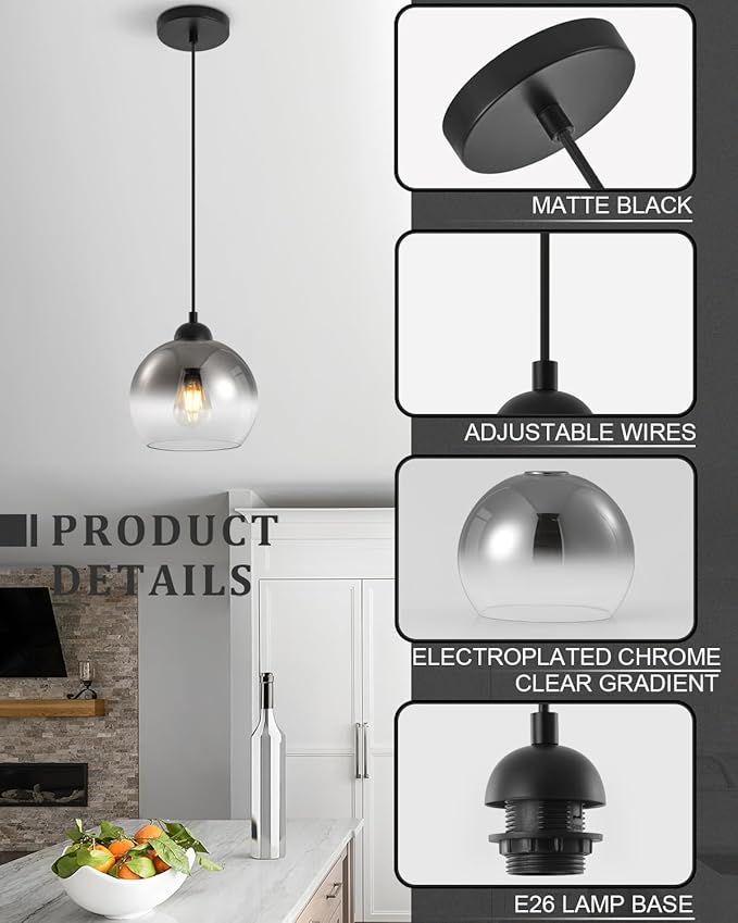 Modern Gradient Smoke Gray Glass Pendant Light，7.8-Inch Globe Adjustable Hanging Pendant Light for Bedroom Kitchen Island Dining Room Stairwell