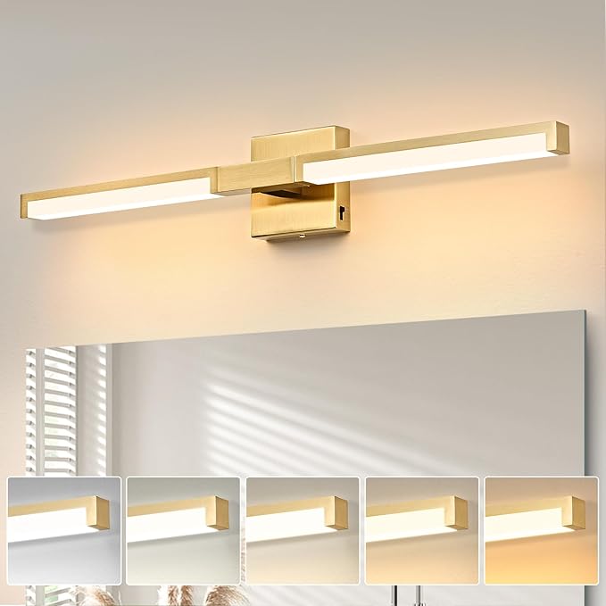 OKELI 24 Inch Bathroom Vanity Light Fixtures, Gold Modern Light Fixtures Over Mirror, 12W 5CCT Dimmable Wall Light
