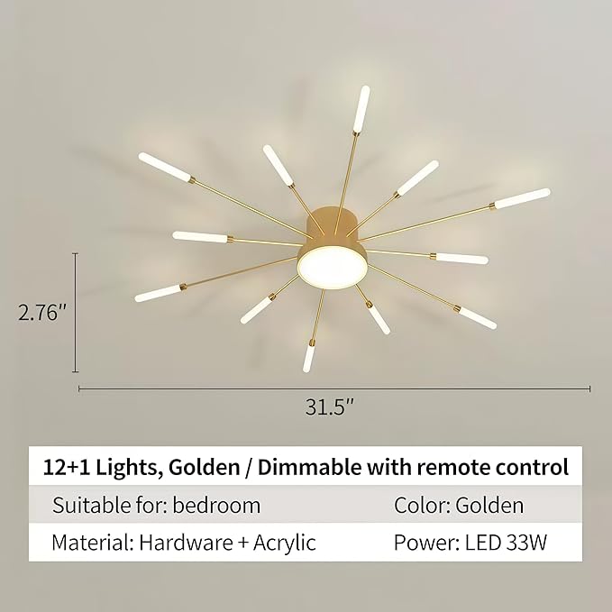 Modern Ceiling Light LED Flush Mount Ceiling Light for Living Room,Kitchen,Bedroom Fireworks Design Dimmable with Remote Control & Memory Function Lighting Fixture (Gold,12 Light)